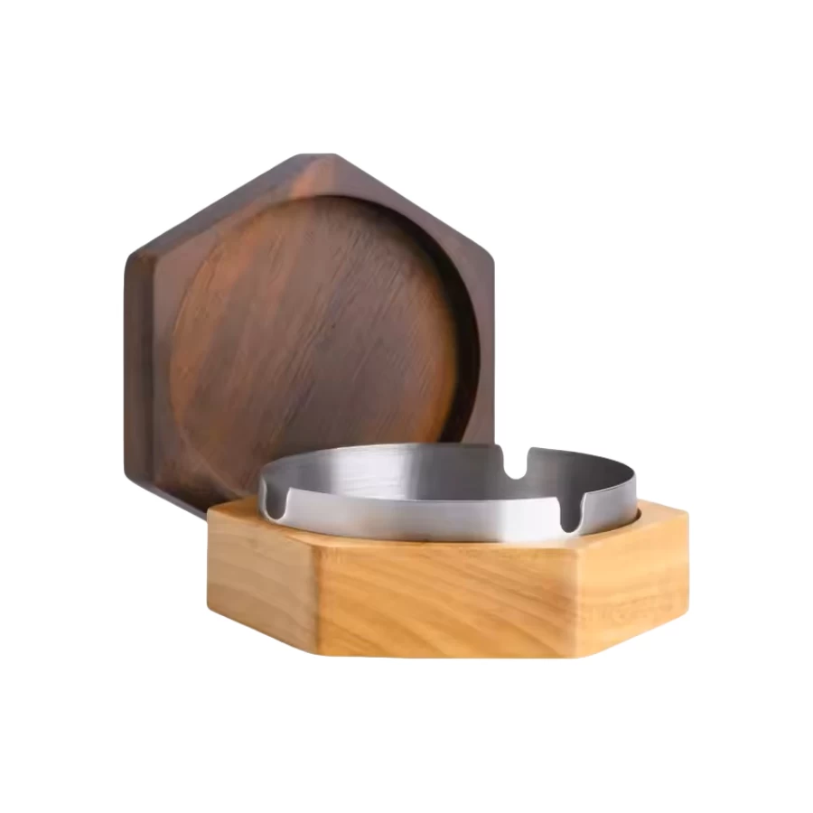China Wholesale Wooden Ashtray, Hexagonal Solid Wood Windproof Ashtrays, Cigar Ashtray With Lid manufacturer