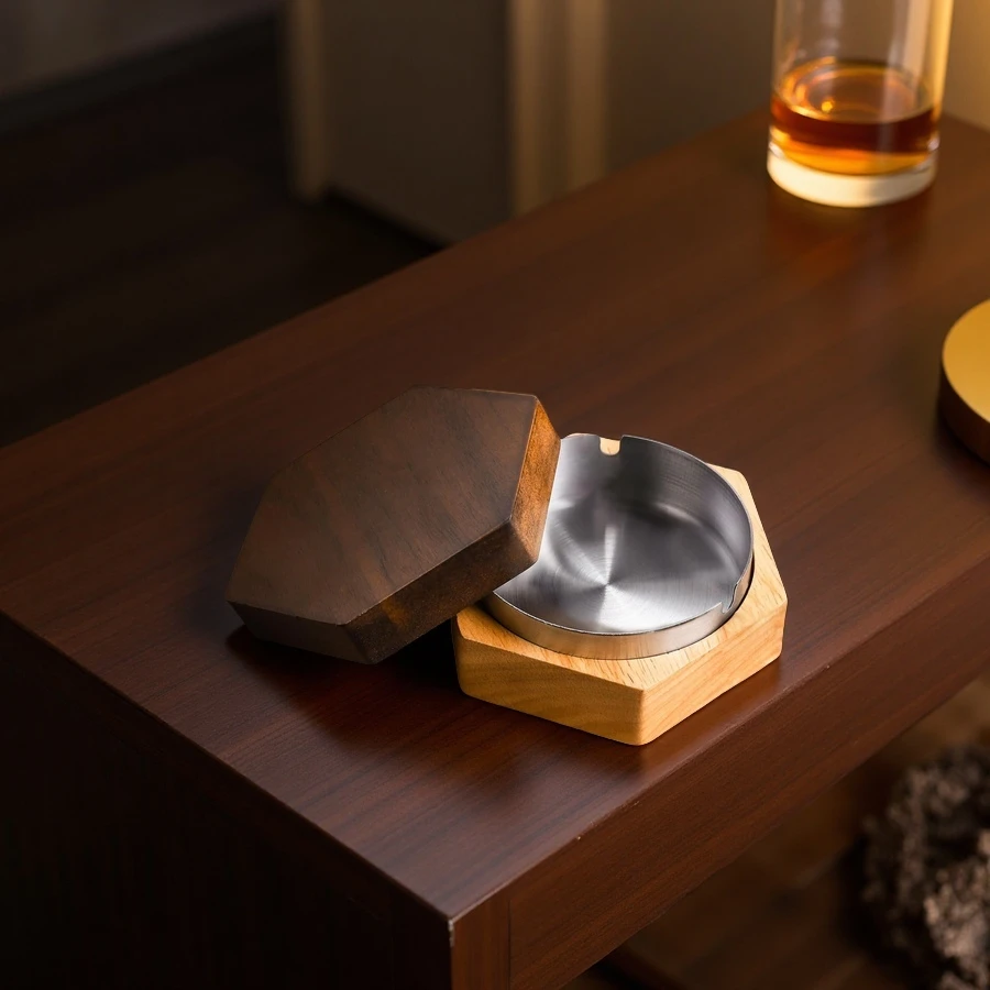 Wholesale Wooden Ashtray, Hexagonal Solid Wood Windproof Ashtrays, Cigar Ashtray With Lid