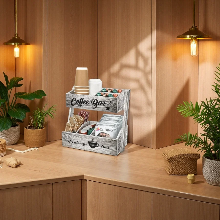 wholesale 2 Tier Wood Coffee Holder Wooden Coffee Station Organizer, Kitchen Counter Shelf