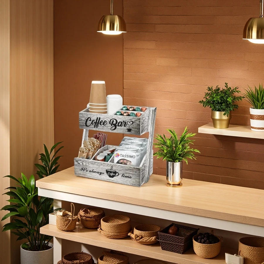 wholesale 2 Tier Wood Coffee Holder Wooden Coffee Station Organizer, Kitchen Counter Shelf