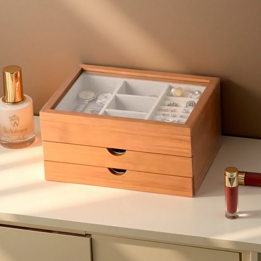 Custom Solid Wood Jewelry Box, 3-Layer Jewelry Organizer for Rings, Earrings, Necklaces and Bracelets