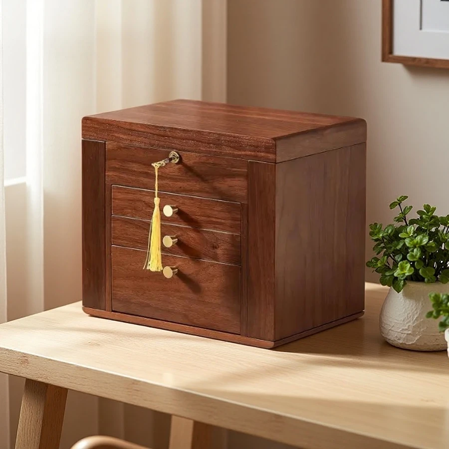Custom Handmade Black Walnut Wooden Jewelry Box - Solid Wood Organizer with 2 Side Doors and Drawers