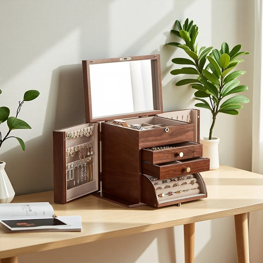 Custom Handmade Black Walnut Wooden Jewelry Box - Solid Wood Organizer with 2 Side Doors and Drawers