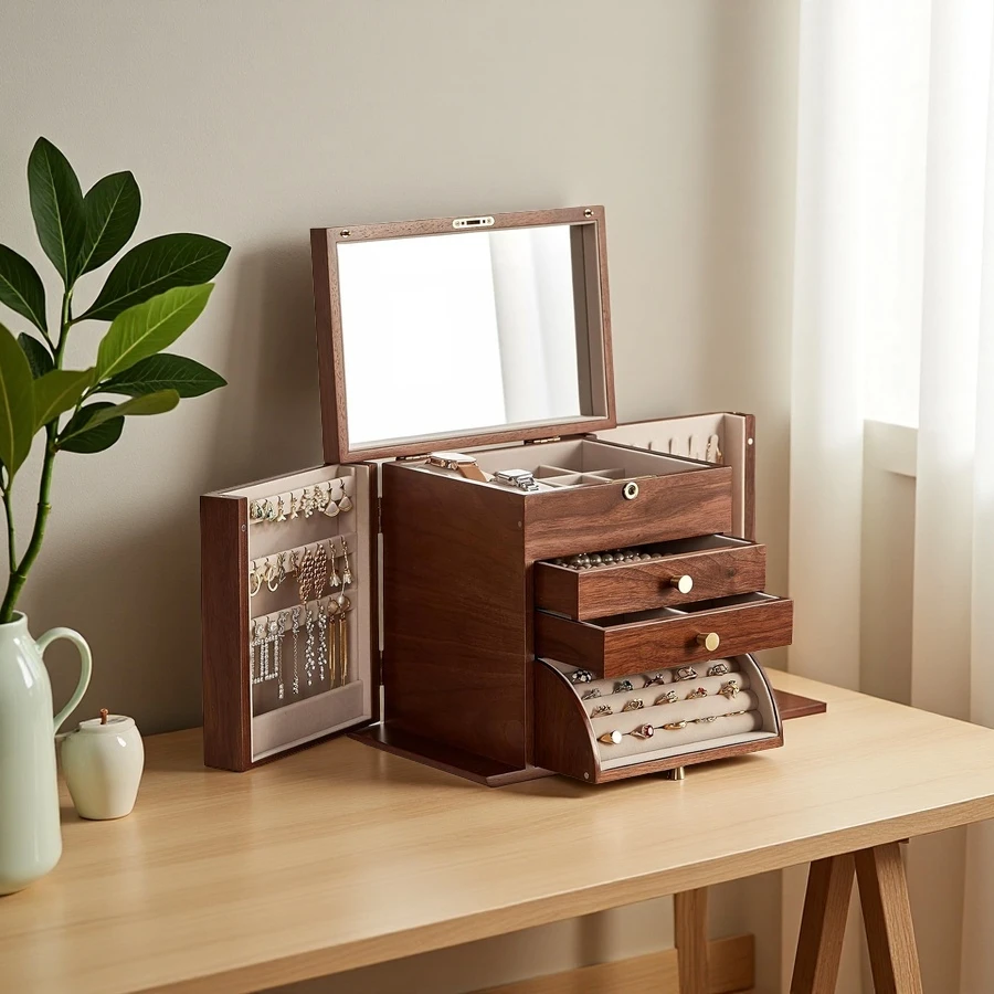Custom Handmade Black Walnut Wooden Jewelry Box - Solid Wood Organizer with 2 Side Doors and Drawers