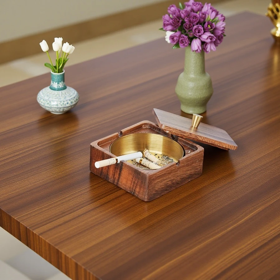 Wholesale Durable Walnut Ashtray with Lid and Stainless Steel Lining, Suitable for Hotel, Home and Office