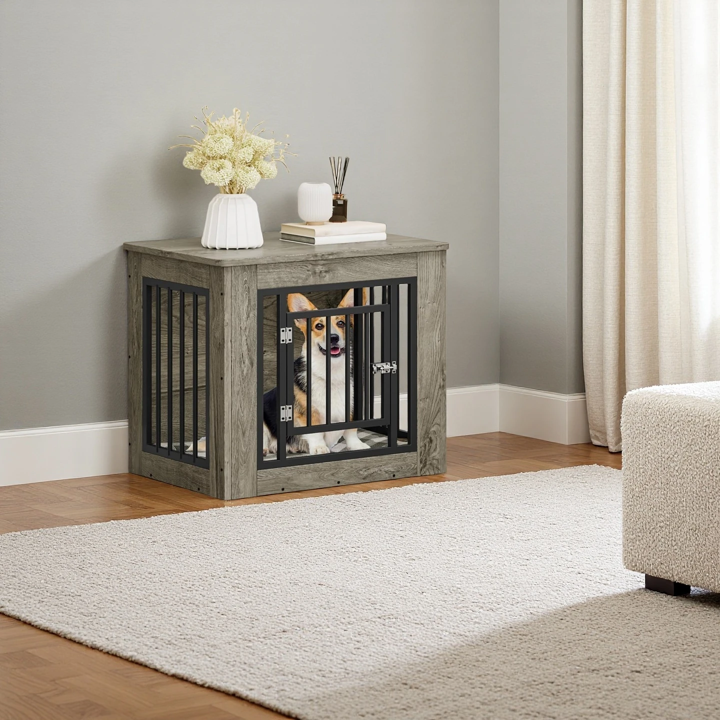 Custom Dog Crate Furniture, Iron-Wood Fusion Dog cage, Indoor Dog Kennels, Side End Table