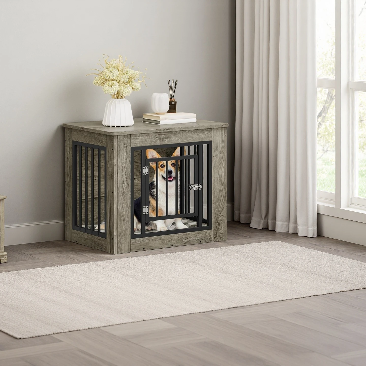 Custom Dog Crate Furniture, Iron-Wood Fusion Dog cage, Indoor Dog Kennels, Side End Table