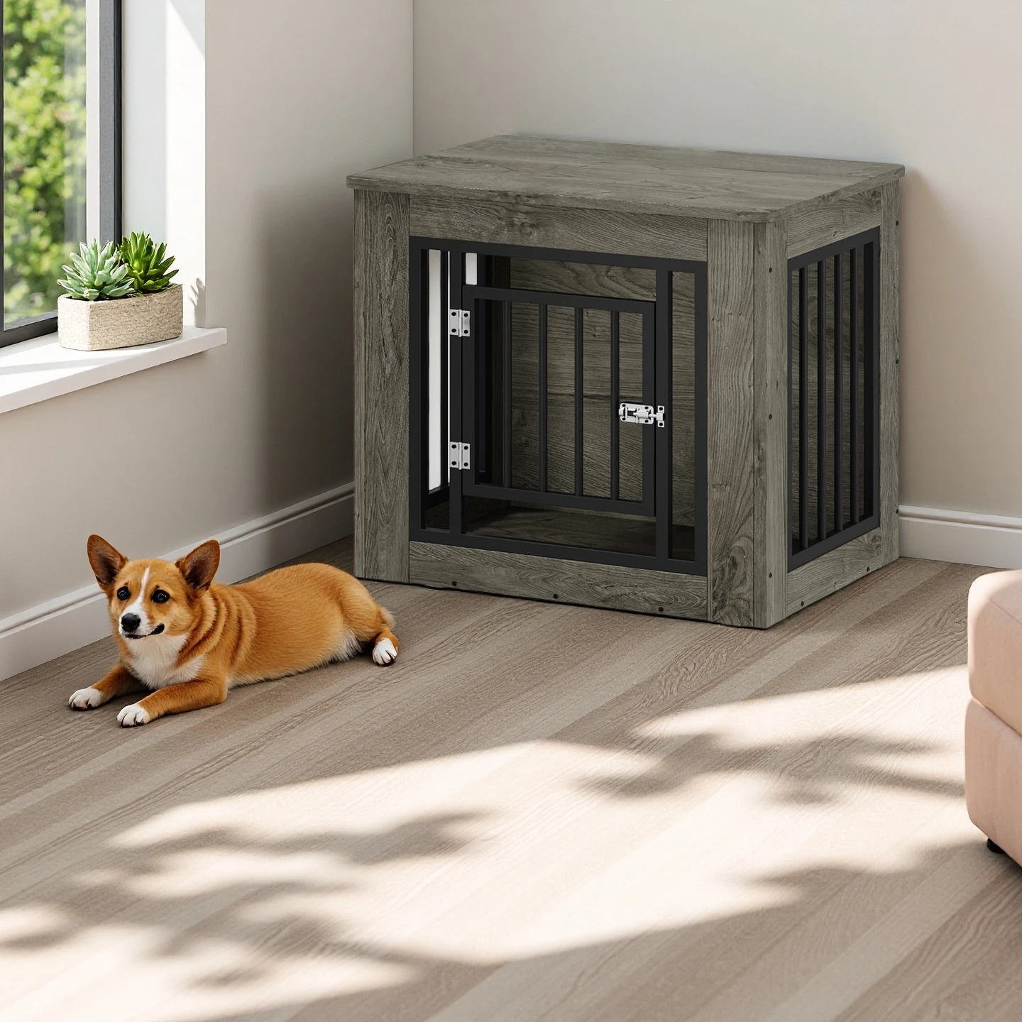 Custom Dog Crate Furniture, Iron-Wood Fusion Dog cage, Indoor Dog Kennels, Side End Table