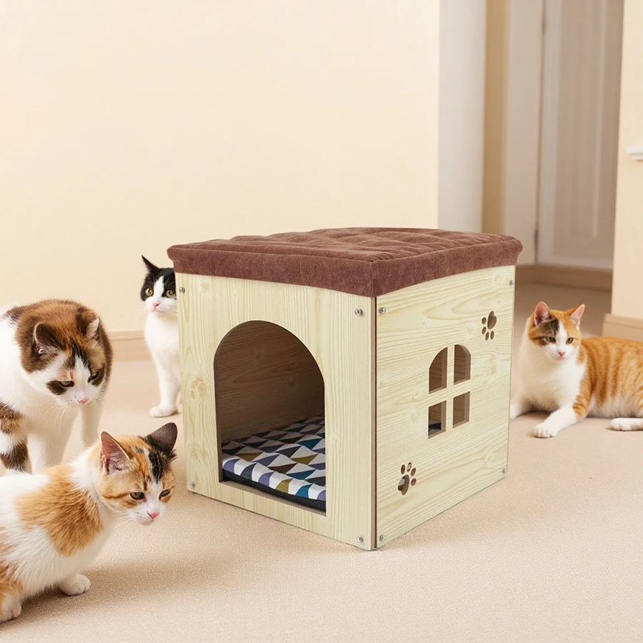 Wholesale Wooden Cat House, Foot Rest Stool with Detachable Washable Cushion, Luxury Pet Nest