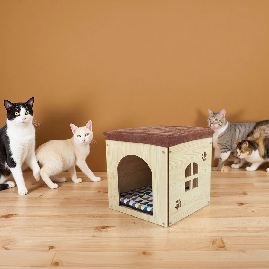 Wholesale Wooden Cat House, Foot Rest Stool with Detachable Washable Cushion, Luxury Pet Nest