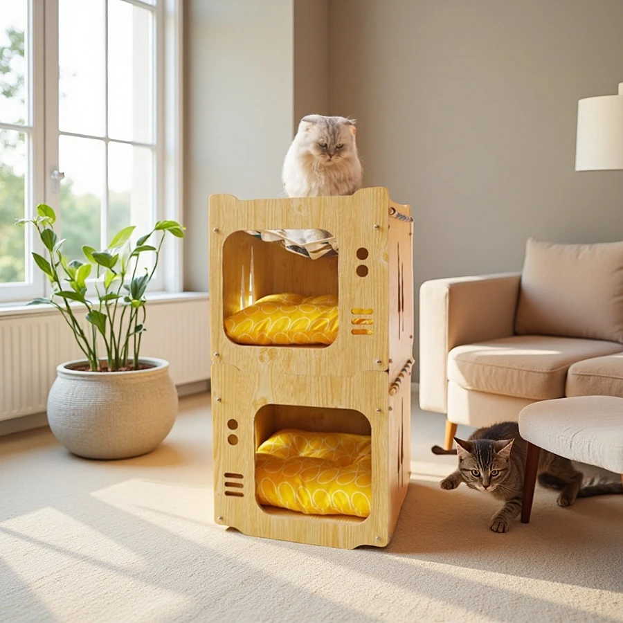 Wholesale Luxury Wooden Cat House, Stackable Modular Cat Nest for Multi-Cat Homes