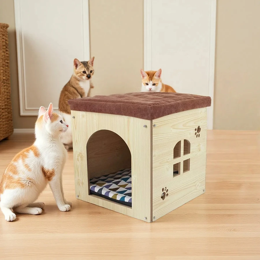 Wholesale Wooden Cat House, Foot Rest Stool with Detachable Washable Cushion, Luxury Pet Nest