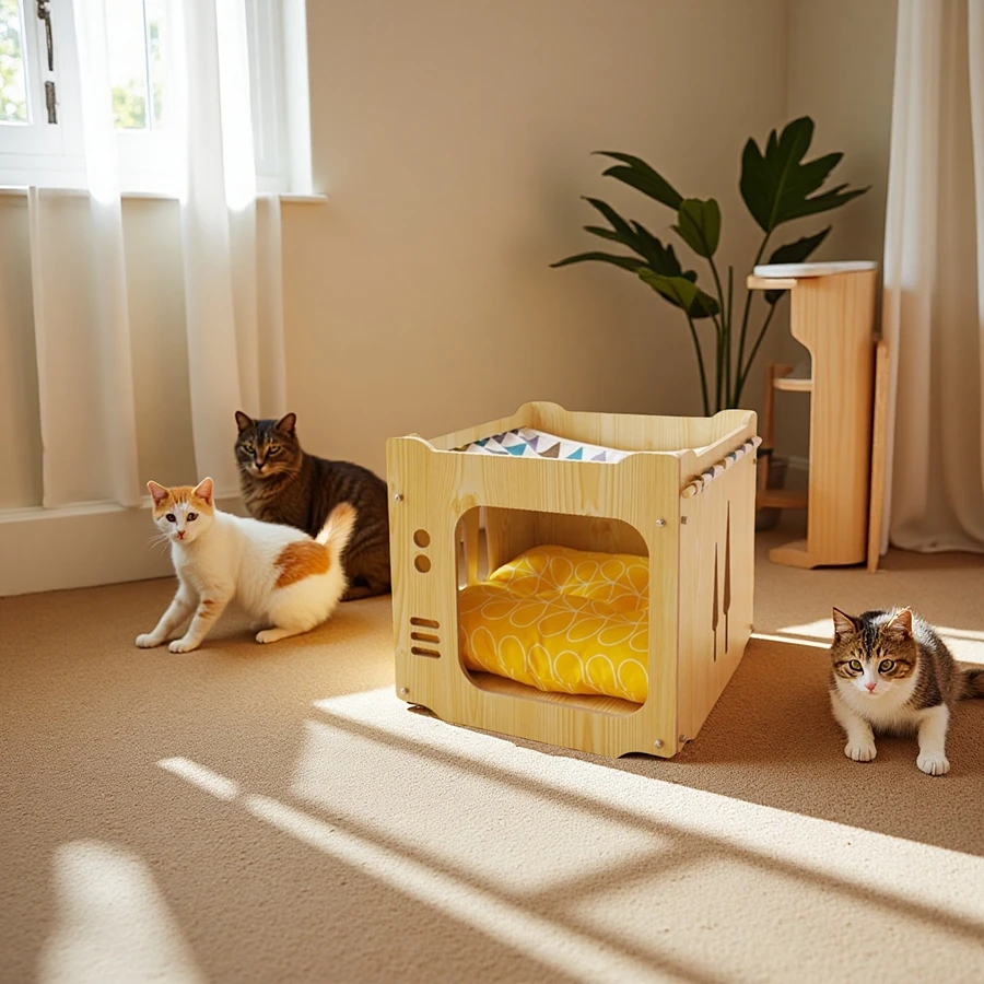 Wholesale Luxury Wooden Cat House, Stackable Modular Cat Nest for Multi-Cat Homes