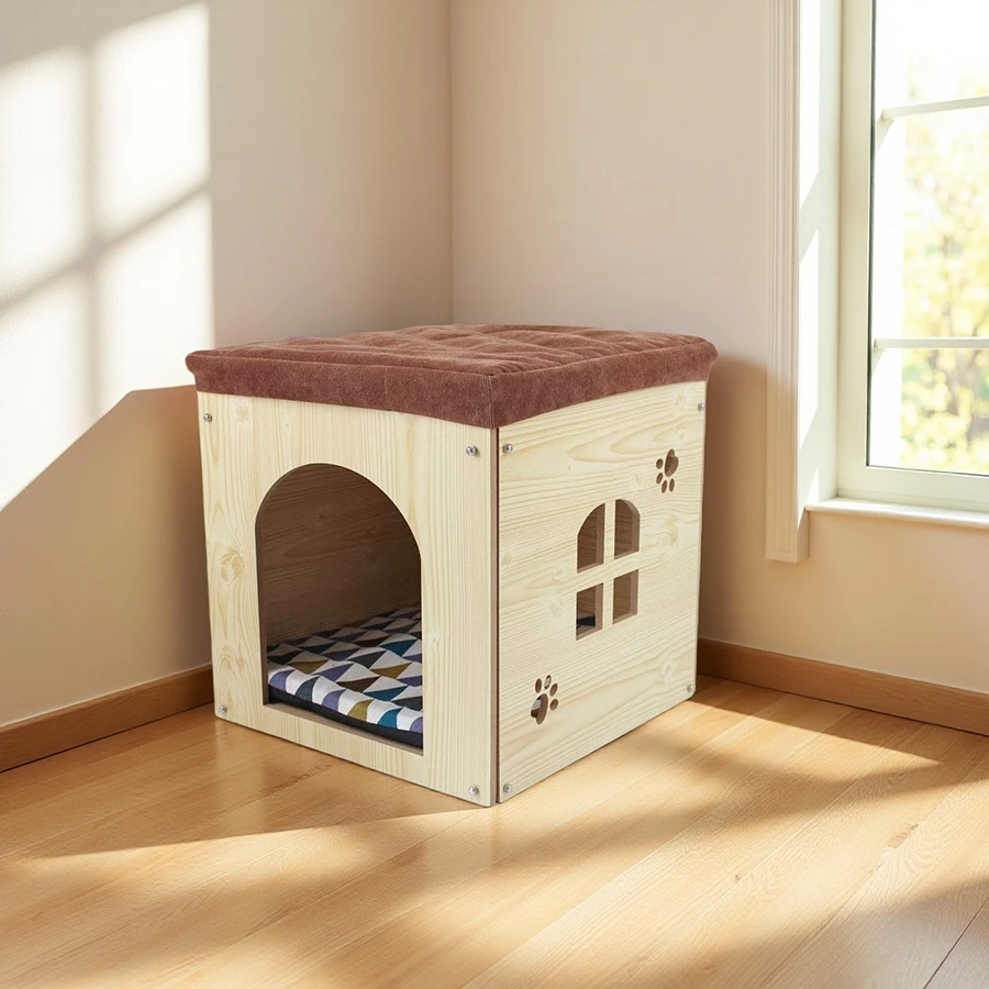 Wholesale Wooden Cat House, Foot Rest Stool with Detachable Washable Cushion, Luxury Pet Nest