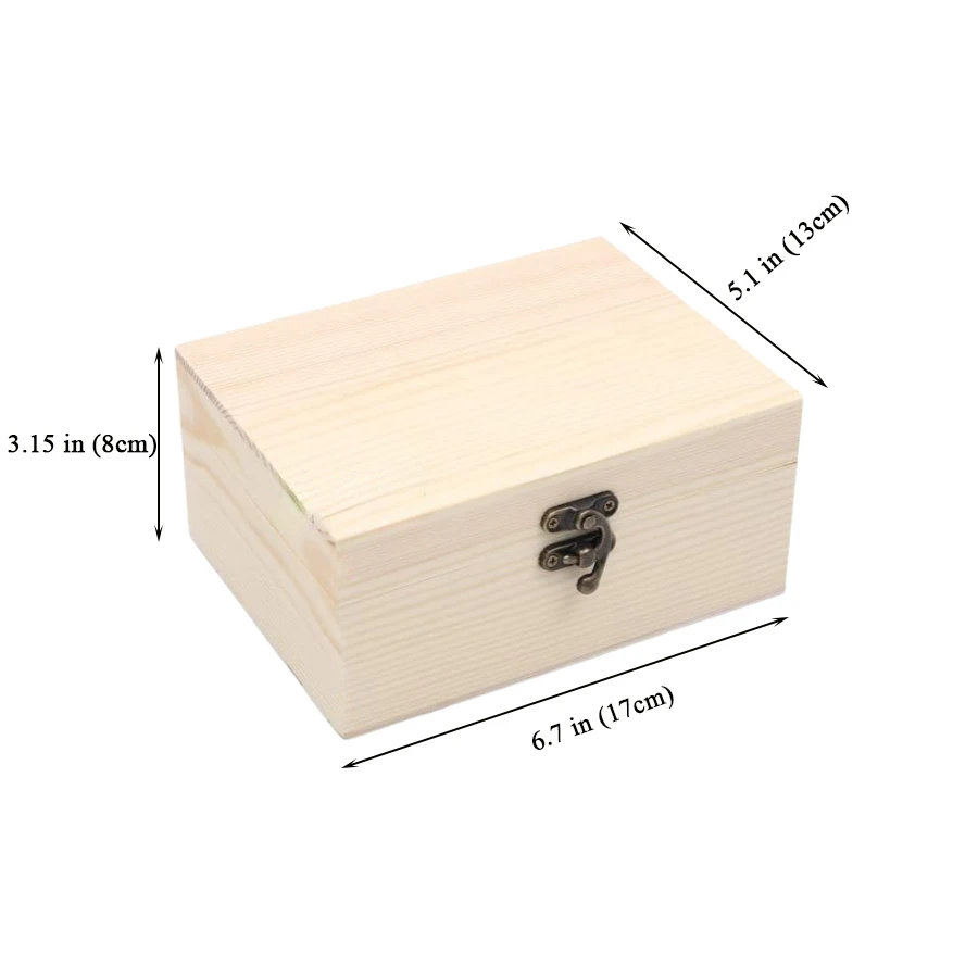 Custom Crafts DIY Storage Jewelry Plain Pine Box with Hinged Lid, Unfinished Unpainted Wooden Box