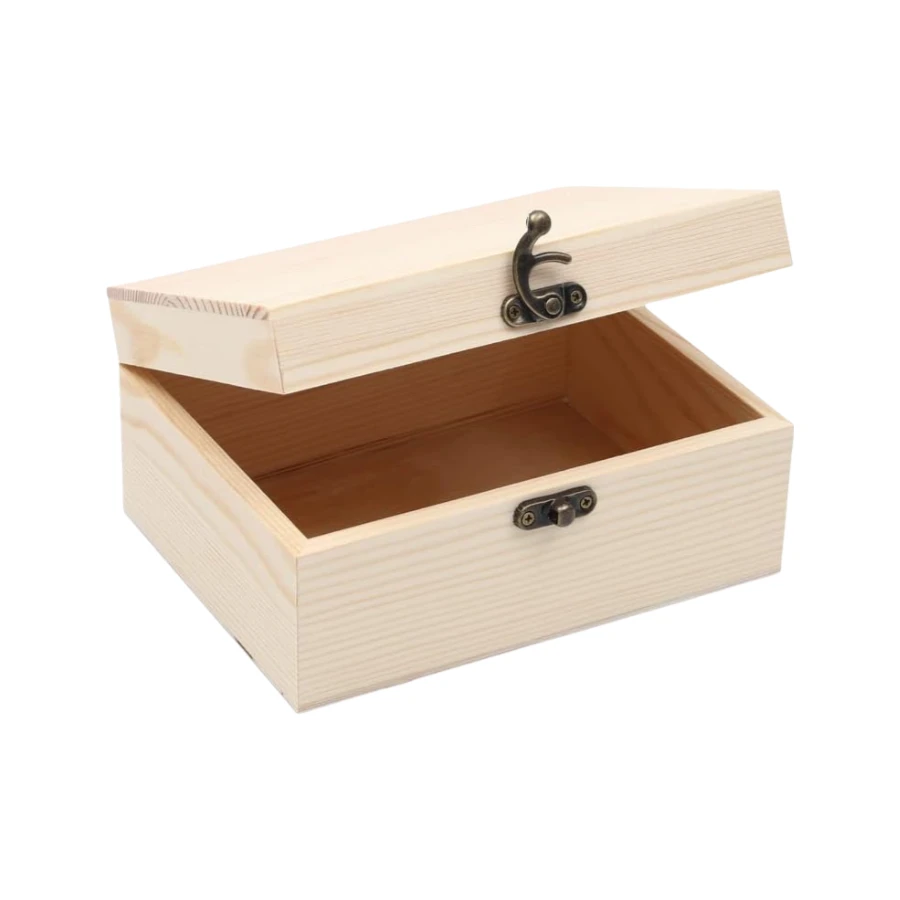 Custom Crafts DIY Storage Jewelry Plain Pine Box with Hinged Lid, Unfinished Unpainted Wooden Box
