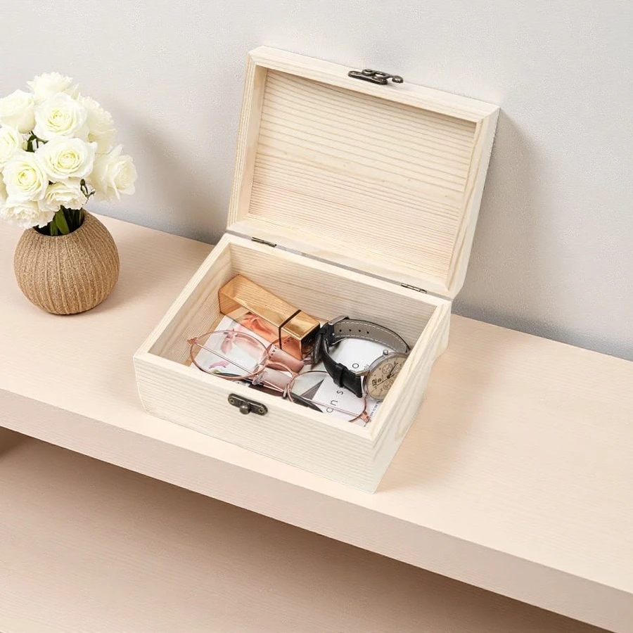Custom Crafts DIY Storage Jewelry Plain Pine Box with Hinged Lid, Unfinished Unpainted Wooden Box