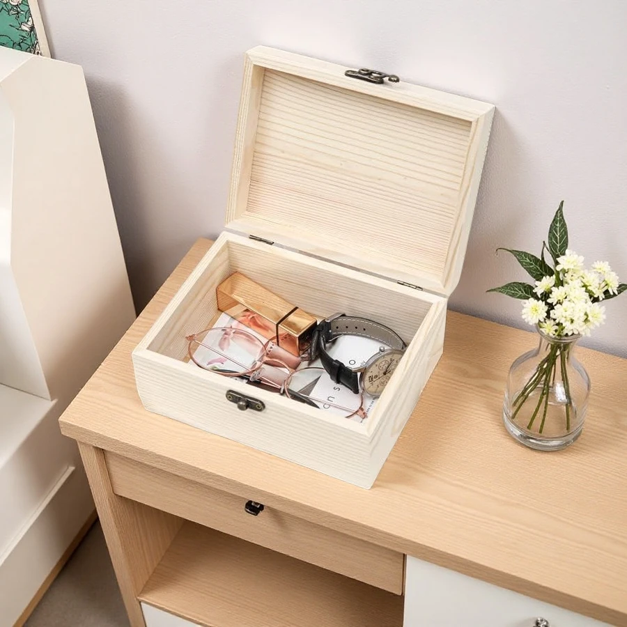 Custom Crafts DIY Storage Jewelry Plain Pine Box with Hinged Lid, Unfinished Unpainted Wooden Box