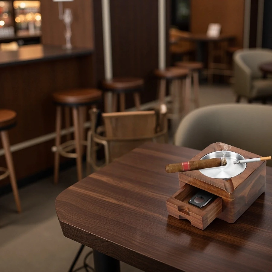 Wholesale Wooden Square Ashtray with Cigar Accessories Drawer - Ideal for Bars & Lounges