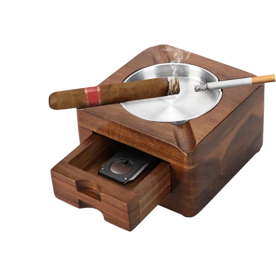 China Wholesale Wooden Square Ashtray with Cigar Accessories Drawer - Ideal for Bars & Lounges manufacturer