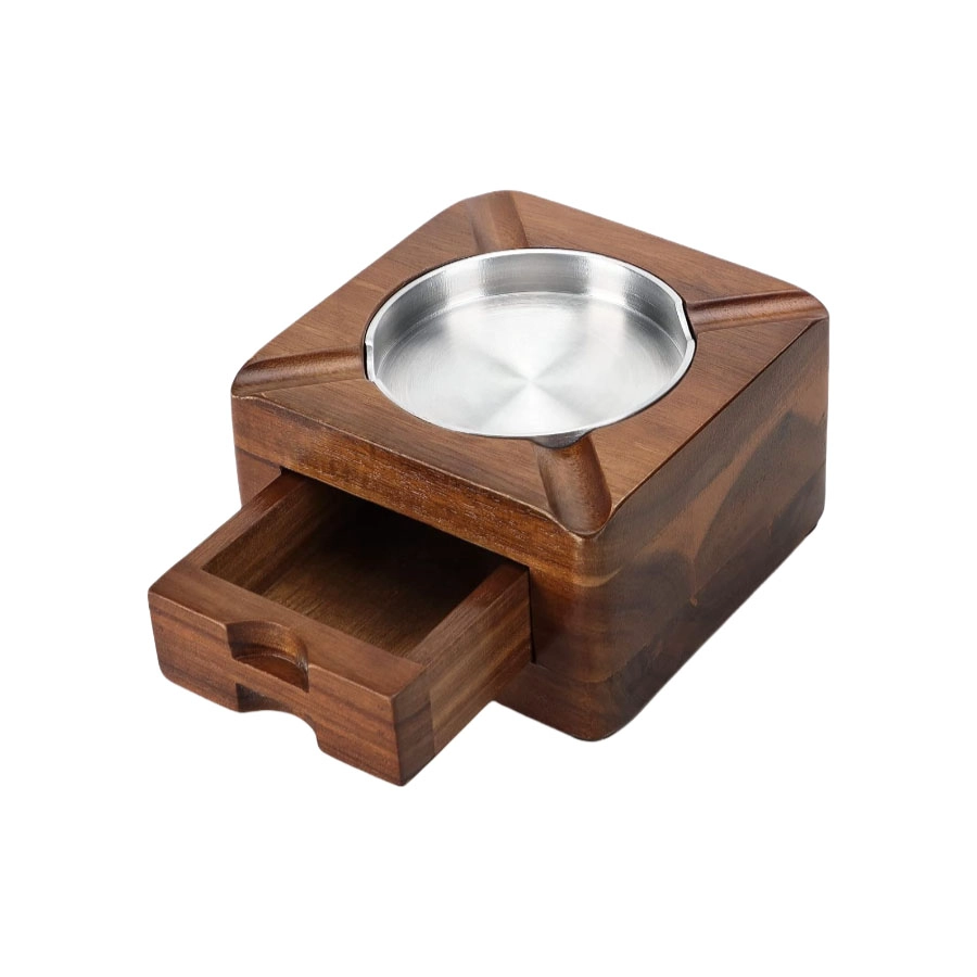 Cendrier carré en bois premium avec tiroir caché