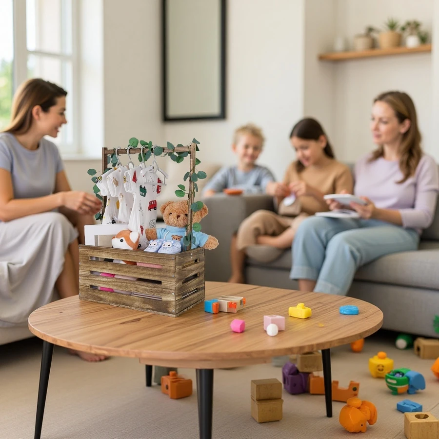 Wholesale Wooden Baby Shower Crate, Storage Basket with Handle, Newborn Welcome Gift Basket