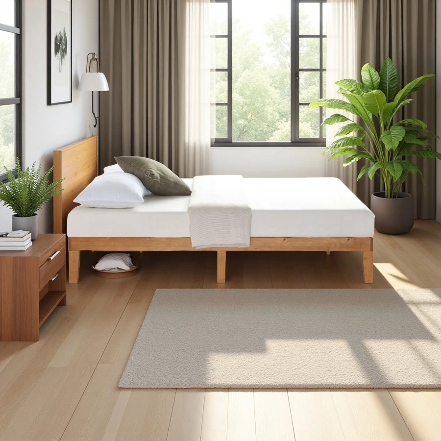 Wholesale Solid Wood Bed Frame, Queen Size Bed Base, Luxury Modern Wooden Double Bed