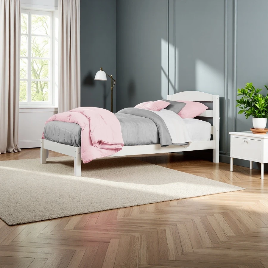 Customizable Modern Wooden Bed for Bedroom Use, Frame Bed With Slatted Headboard