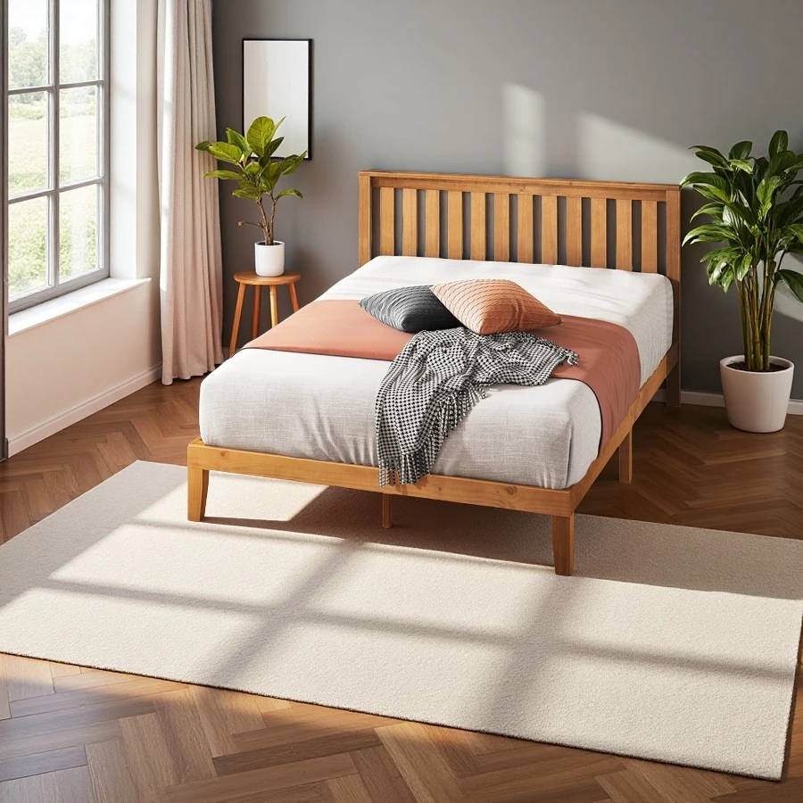 Wholesale Solid Wood Platform Bed with Headboard, Wood Slat Support