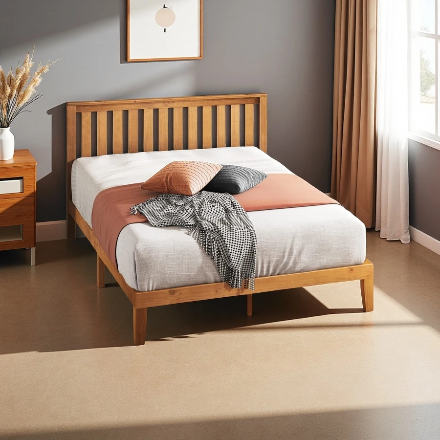 Wholesale Solid Wood Platform Bed with Headboard, Wood Slat Support
