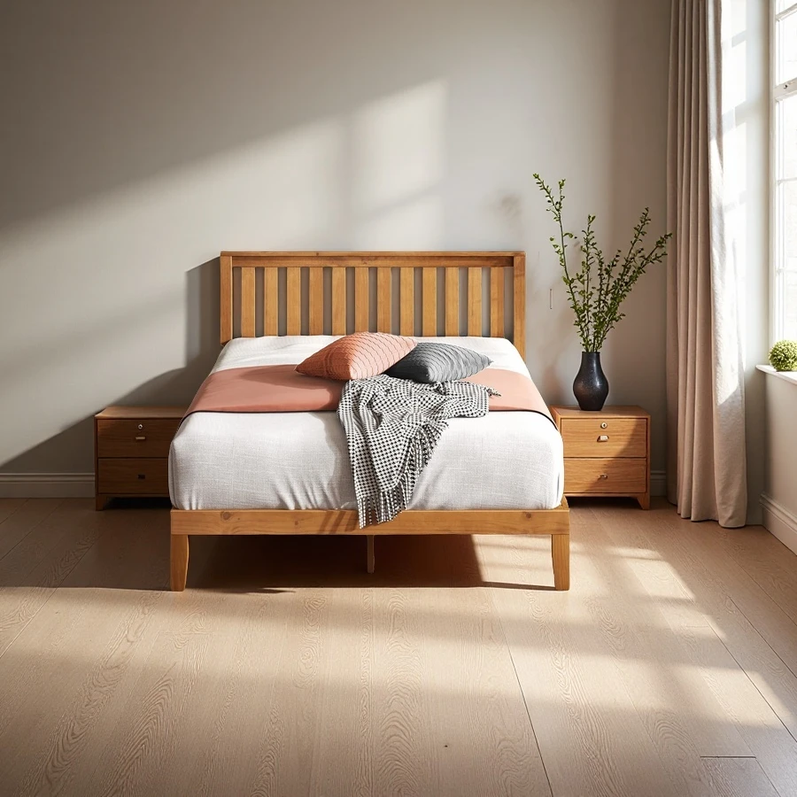 Wholesale Solid Wood Platform Bed with Headboard, Wood Slat Support