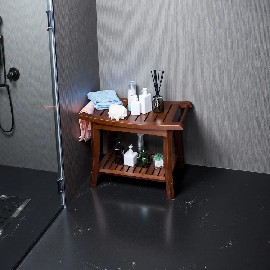 Wholesale Bamboo Shower Bench Stool with Storage Shelf for Indoor