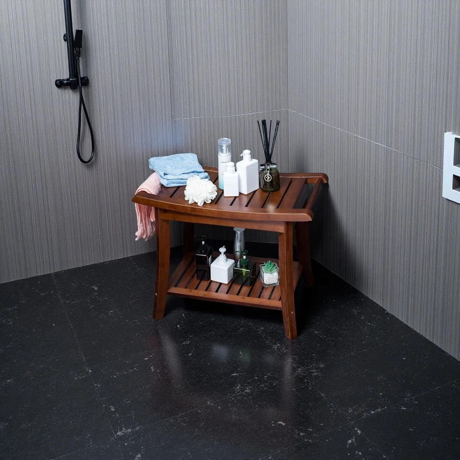 Wholesale Bamboo Shower Bench Stool with Storage Shelf for Indoor