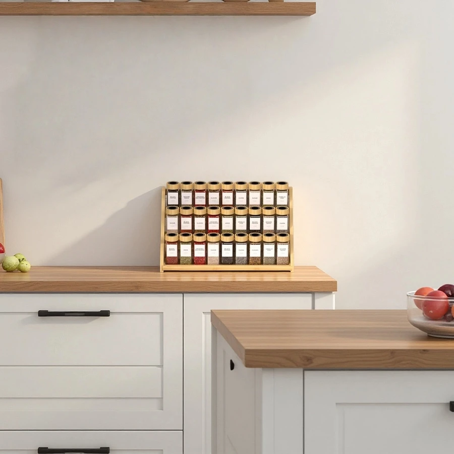 Custom Bamboo Tiered Spice Rack Kitchen Countertop Spice Shelf Organizer for Pantry