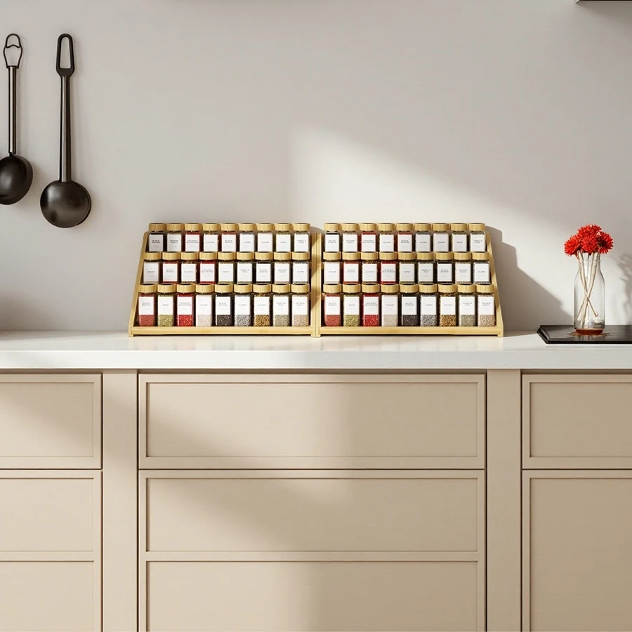 Custom Bamboo Tiered Spice Rack Kitchen Countertop Spice Shelf Organizer for Pantry