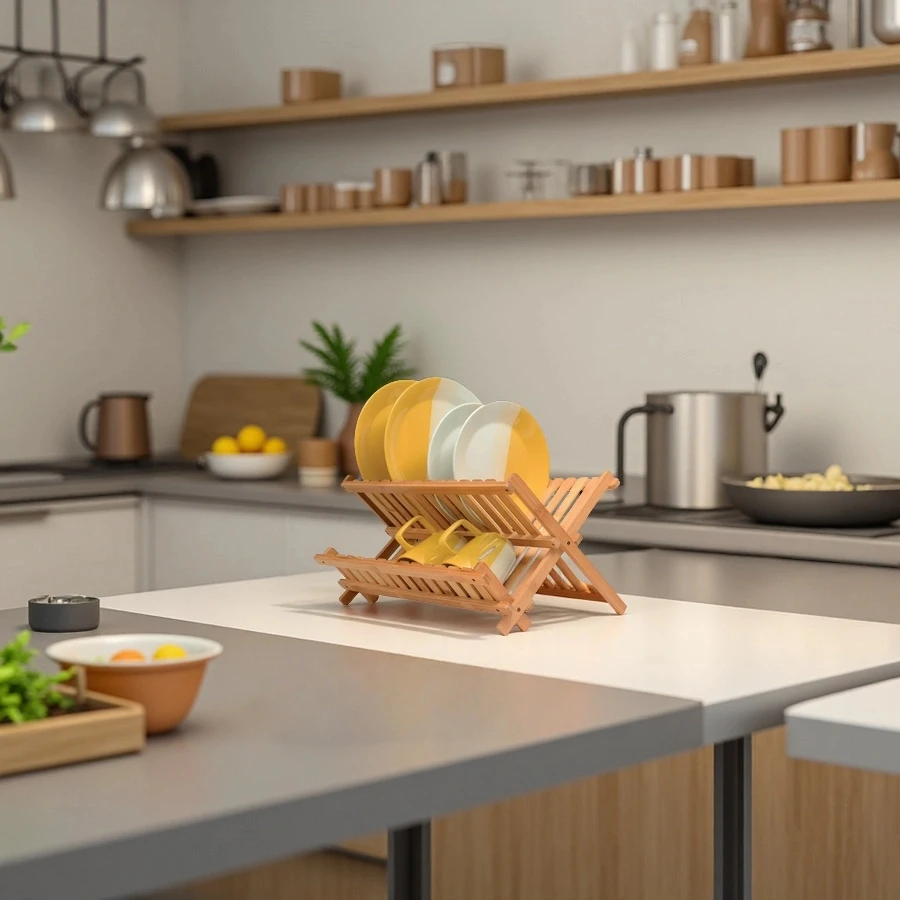 Wholesale 2-Tier Bamboo Dish Drying Rack with Foldable Space-Saving Design