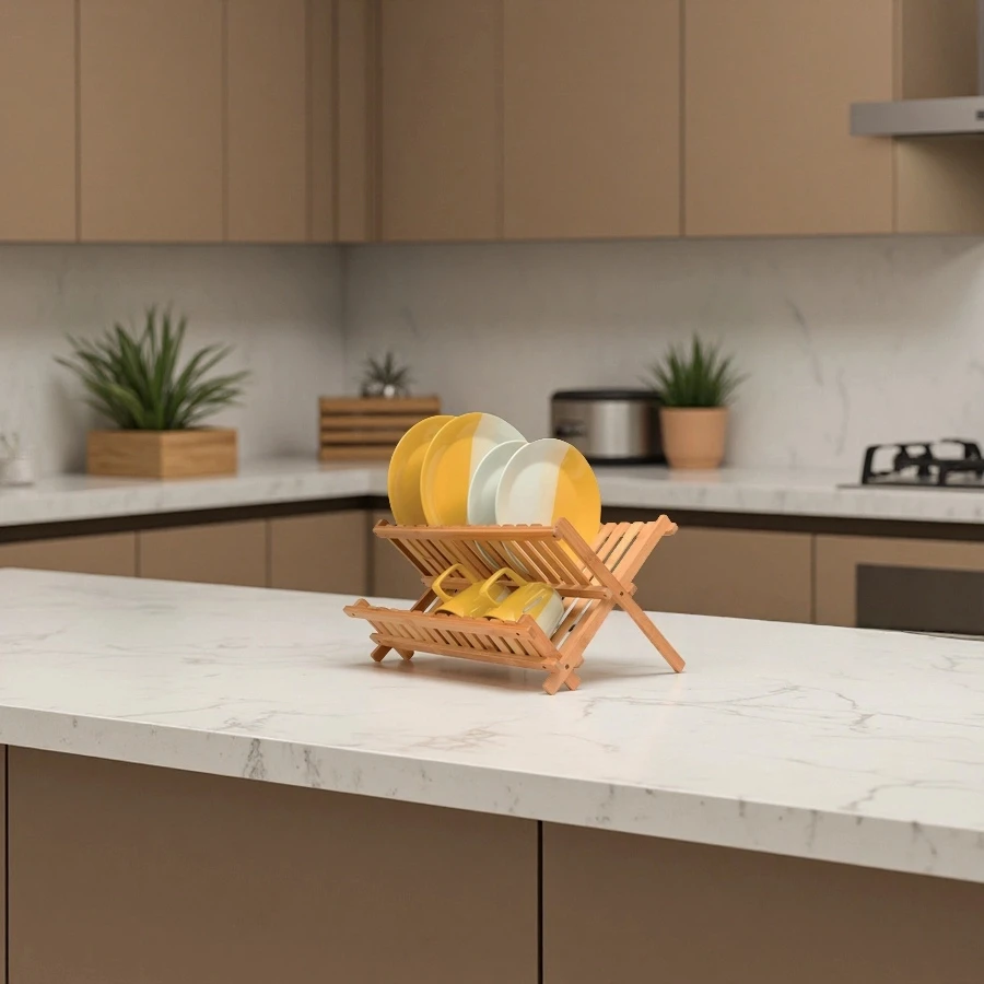 Wholesale 2-Tier Bamboo Dish Drying Rack with Foldable Space-Saving Design