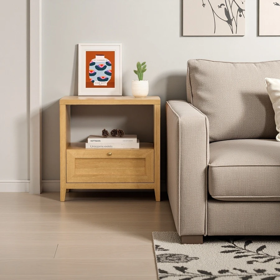 Custom Mid Century Sofa Night Stands Oak Wood Bedside Table with Open Shelf