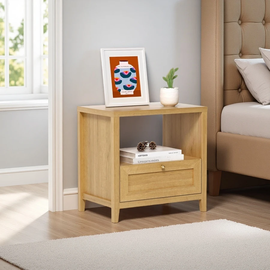 Custom Mid Century Sofa Night Stands Oak Wood Bedside Table with Open Shelf