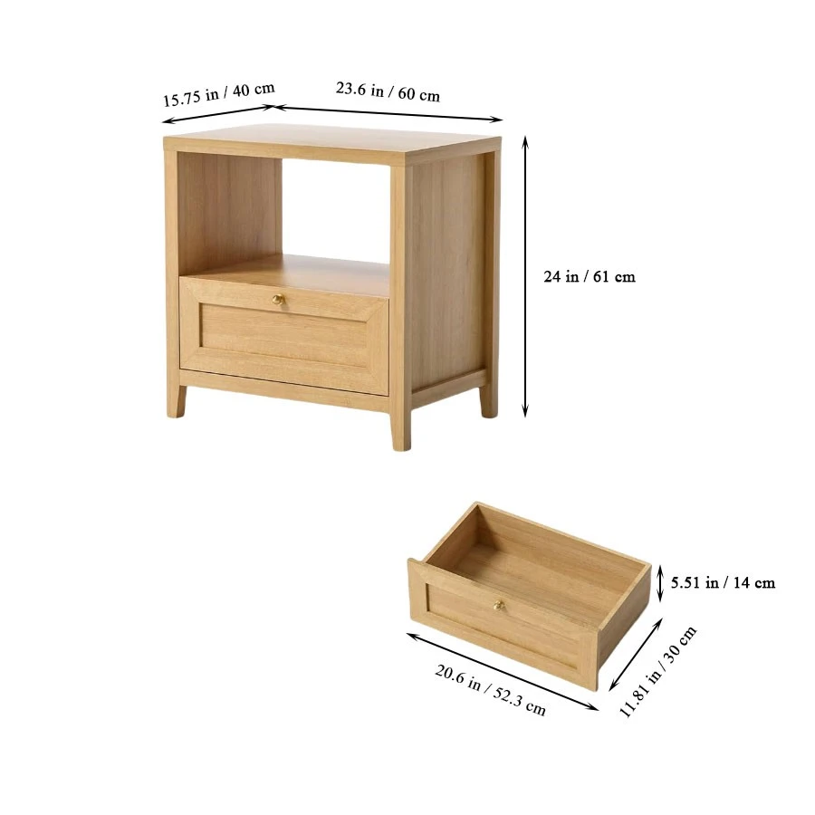 Custom Mid Century Sofa Night Stands Oak Wood Bedside Table with Open Shelf