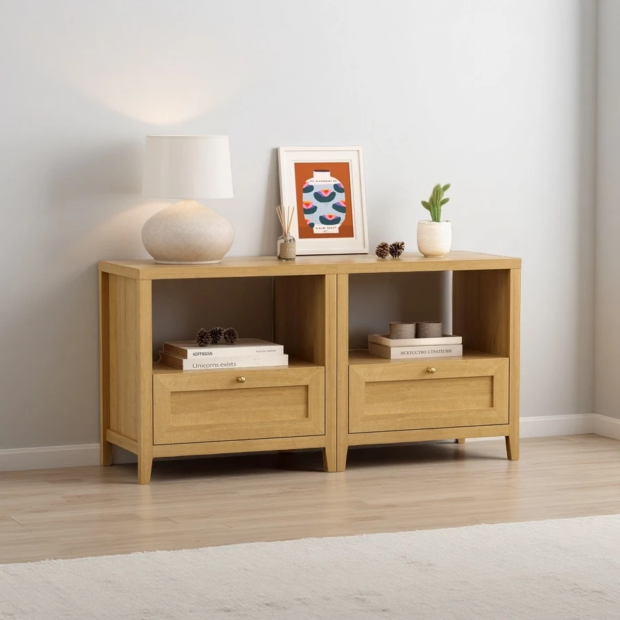 Custom Mid Century Sofa Night Stands Oak Wood Bedside Table with Open Shelf