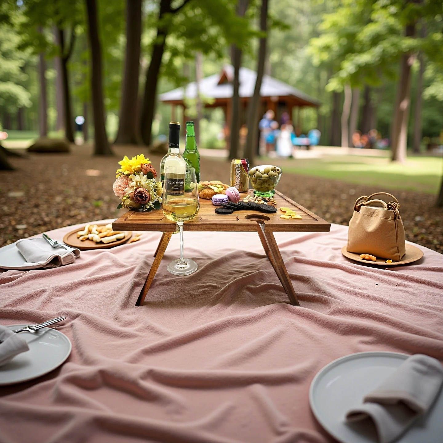 Factory Custom Portable Foldable Larger Wooden Wine Picnic Tray Table