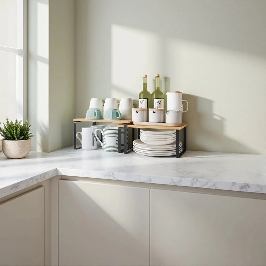 Wholesale Wooden Cabinet Organizer Shelf Set of 2 Kitchen Counter Shelves for Storage