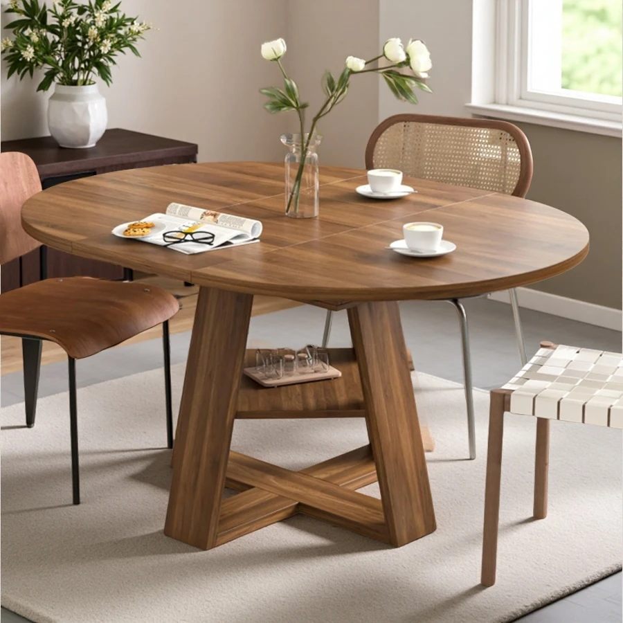 Wholesale Modern Kitchen Extendable Round Wooden Dining Table with Storage Shelf