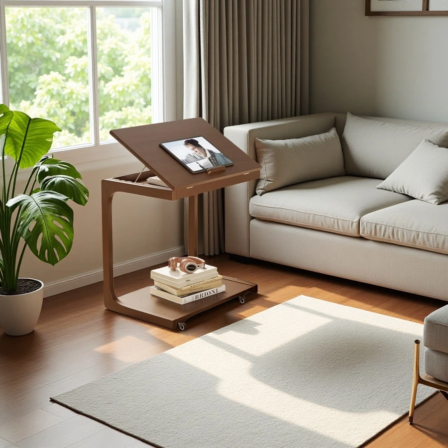 Wholesale Walnut Wood C-Shaped End Table, Couch Table with Adjustable Desktop and Lockable Wheels