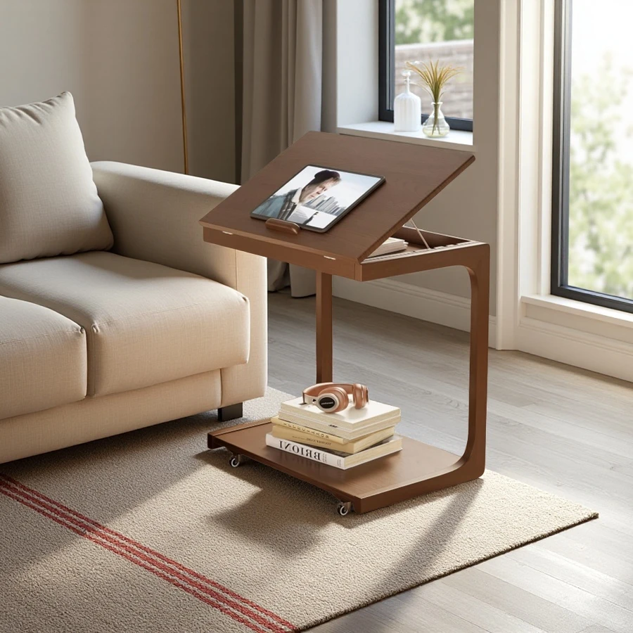 Wholesale Walnut Wood C-Shaped End Table, Couch Table with Adjustable Desktop and Lockable Wheels
