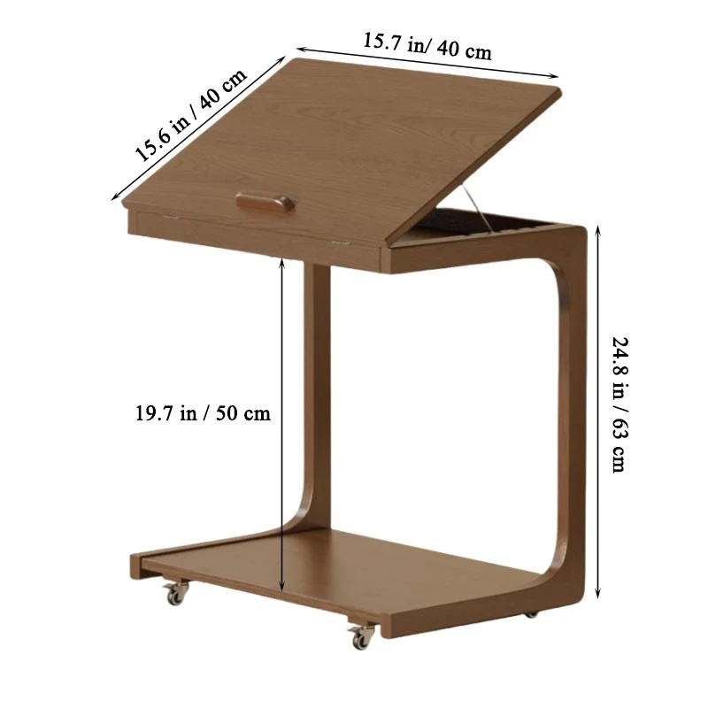 Wholesale Walnut Wood C-Shaped End Table, Couch Table with Adjustable Desktop and Lockable Wheels