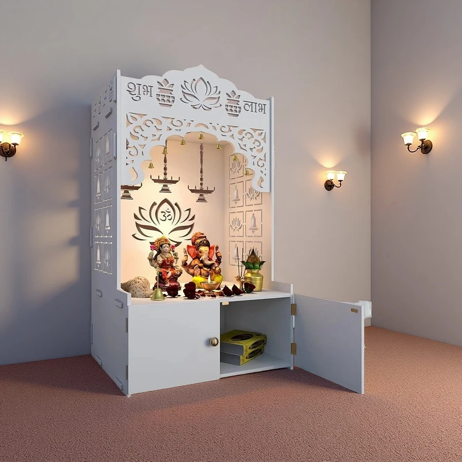 Custom Size White Freestanding Pooja Mandir Temple Cabinet for Home Puja and Hindu Temple Use