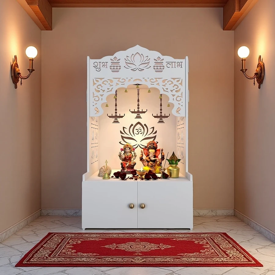 Custom Size White Freestanding Pooja Mandir Temple Cabinet for Home Puja and Hindu Temple Use