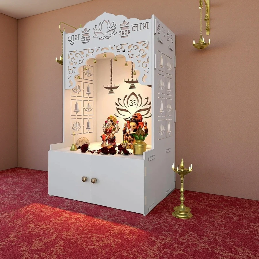 Custom Size White Freestanding Pooja Mandir Temple Cabinet for Home Puja and Hindu Temple Use
